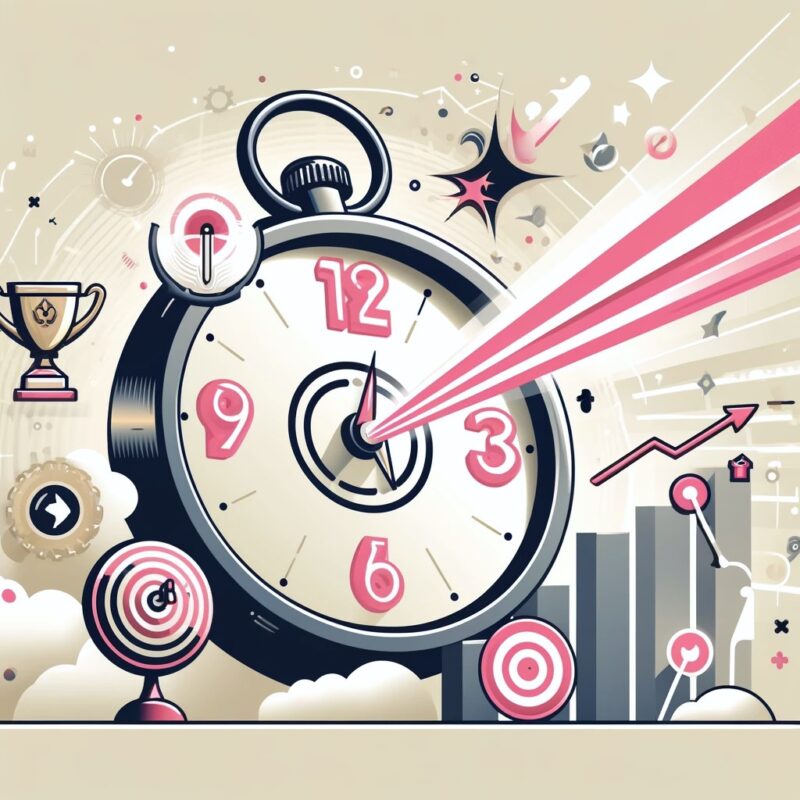 Clock set to 9:15 with a laser beam shooting out, surrounded by symbols of success including a trophy and an upward trend chart, against a pastel-toned background in light beige, pink, pastel grey, and white colors