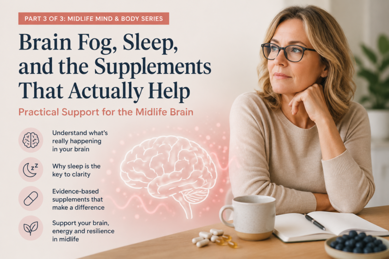 A woman reflecting at her desk with a notebook, supplements and a cup of tea, illustrating brain fog, sleep and evidence-based support during perimenopause.