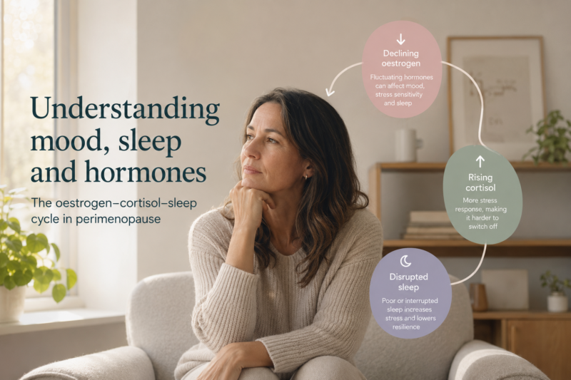 Illustration showing the hormonal stress loop during perimenopause, where declining oestrogen, rising cortisol and disrupted sleep reinforce each other.